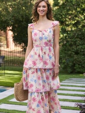 Floral Midi Dress With Ruffled Straps